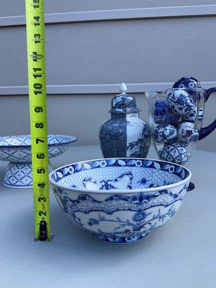 White and Blue Bowl, Porcelain Eggs, Glass Balls, Pitcher and a Spice Jar