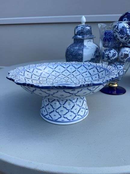 White and Blue Bowl, Porcelain Eggs, Glass Balls, Pitcher and a Spice Jar