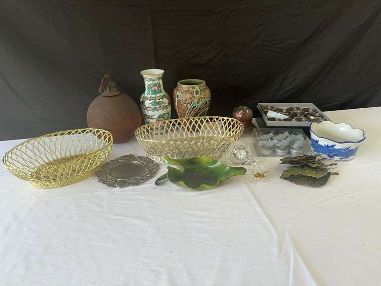 (2) Vases, (12) Napkin Rings, Waterford Crystal Clock, Leather Leaf, and other misc.