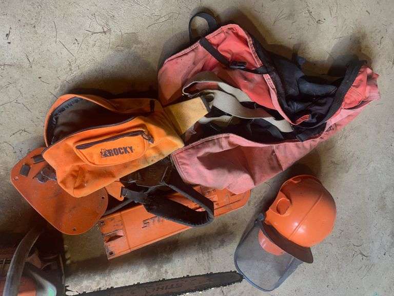 Stihl MS 367 chainsaw, blade cover, jacket, helmet & misc.