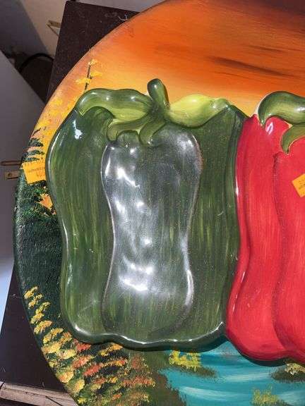Handpainted Brass Bowl, Ceramic Bell Pepper 3 Tray Platter