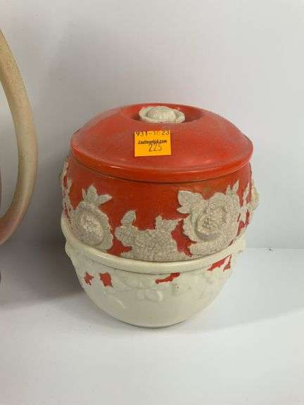 2 Pottery Pitchers, Vintage Covered Sugar Bowl