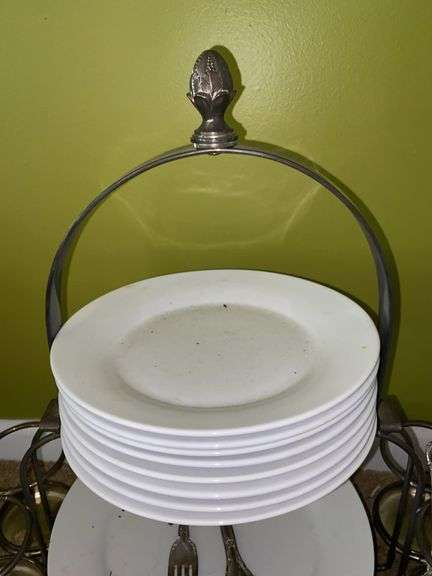 Silver Plated Dish and Silverware Holder, with Silver Plated Utensils and Plates