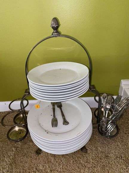 Silver Plated Dish and Silverware Holder, with Silver Plated Utensils and Plates