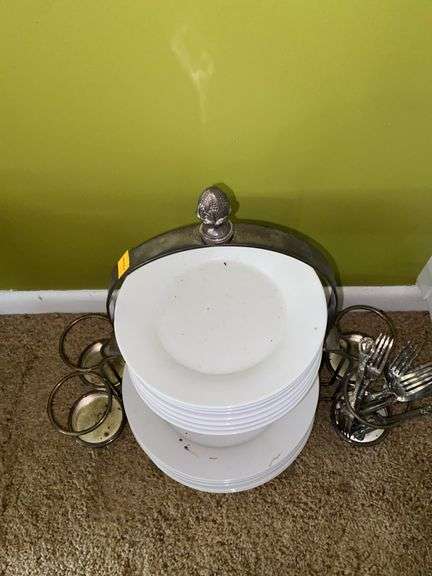 Silver Plated Dish and Silverware Holder, with Silver Plated Utensils and Plates