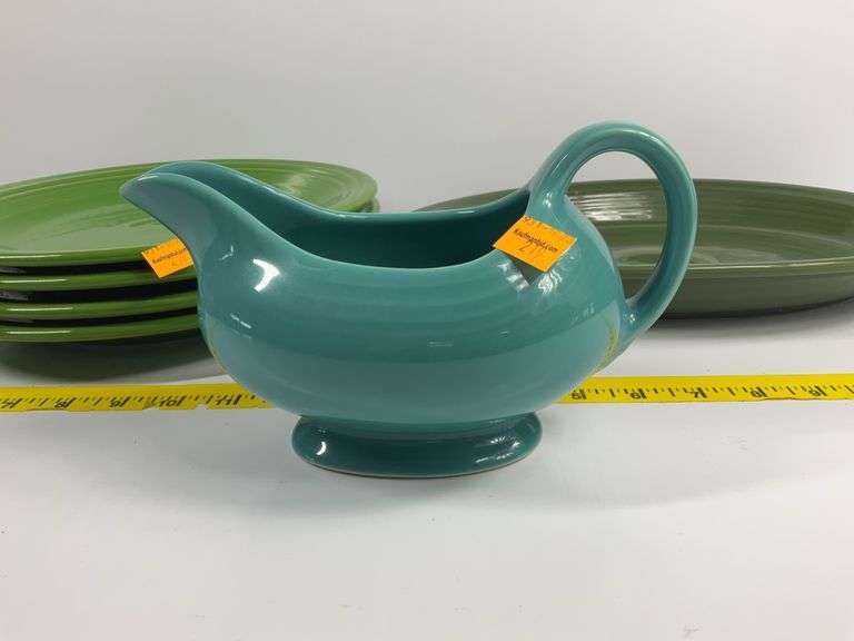 (5) Green Fiesta Ware Plates, Fiesta Ware Platter, Gravy Bowl