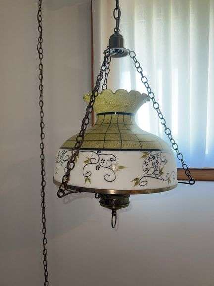 (2) Vintage Chain Hanging Handpainted Glass Lights