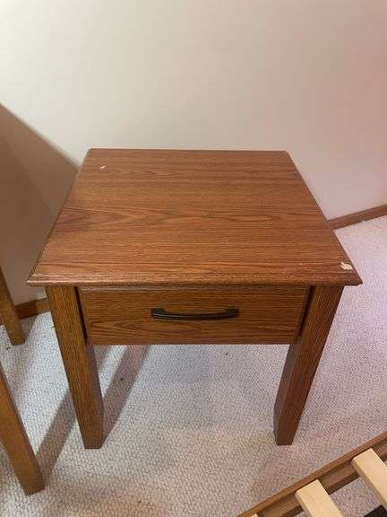 Wooden office desk, rolling chair, and stand