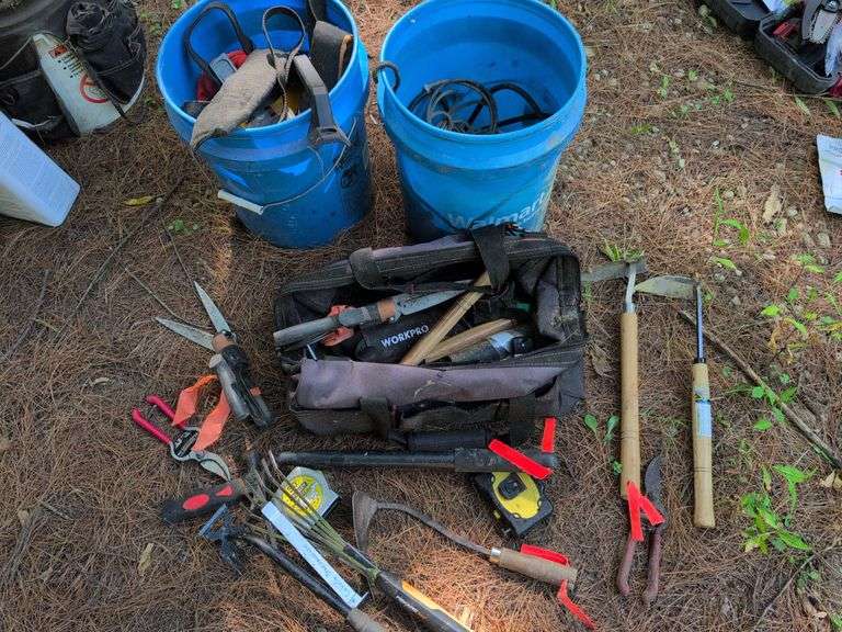 Toolbag and (2) buckets of tools - trowels, tape measure, bungee straps, and more