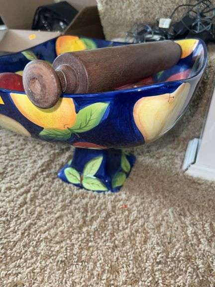 Tabletops Unlimited Orchard Fruit Pedestal Bowl with Wooden Apples and Wooden Rolling Pin