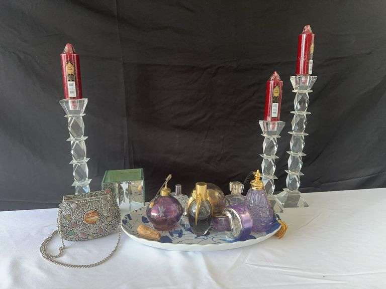 (3) Crystal Candle Holders, Blue Patterned Tray, misc. Perfumes l, Metal Purse, and other misc.