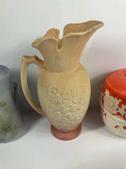 2 Pottery Pitchers, Vintage Covered Sugar Bowl