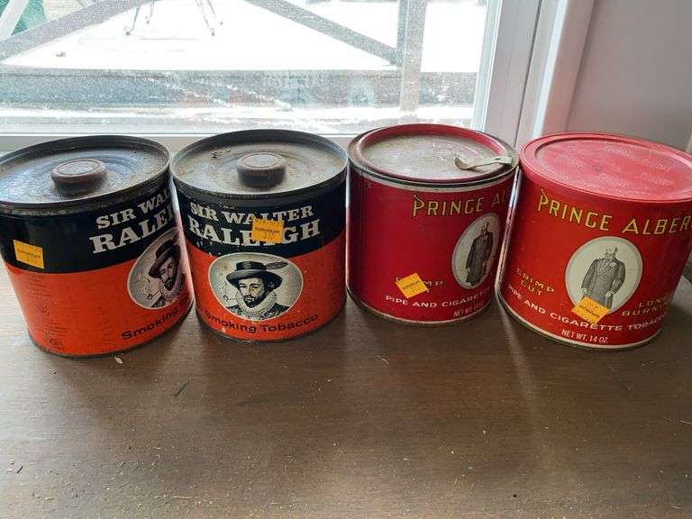(2) Vintage Prince Albert Tobacco Cans, (2) Vintage Sir Walter Raleigh Tobacco Cans
