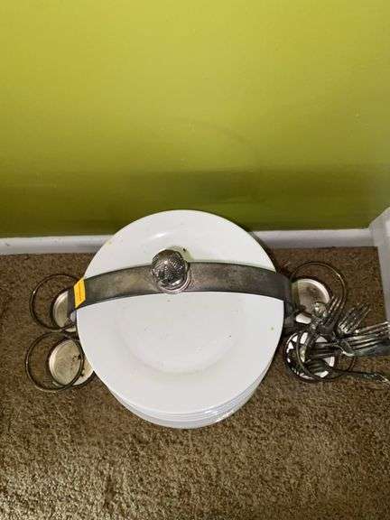 Silver Plated Dish and Silverware Holder, with Silver Plated Utensils and Plates