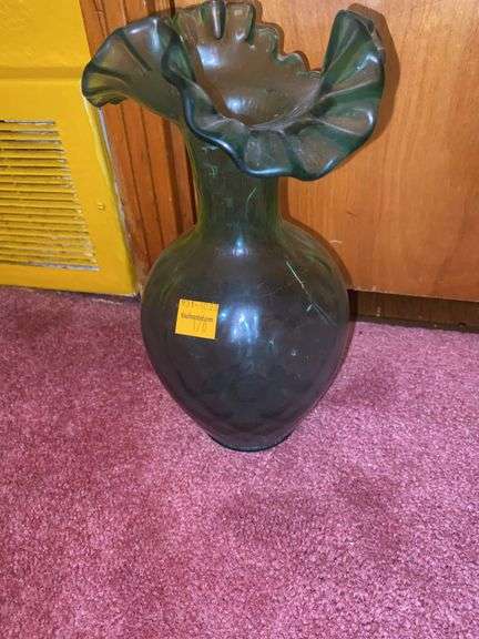Fenton Green Ruffled Quilted Vase