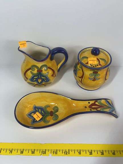 Maxcera Yellow Talavera Creamer and Sugar Pots, Spoon Rest