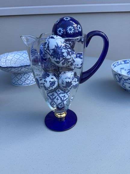 White and Blue Bowl, Porcelain Eggs, Glass Balls, Pitcher and a Spice Jar