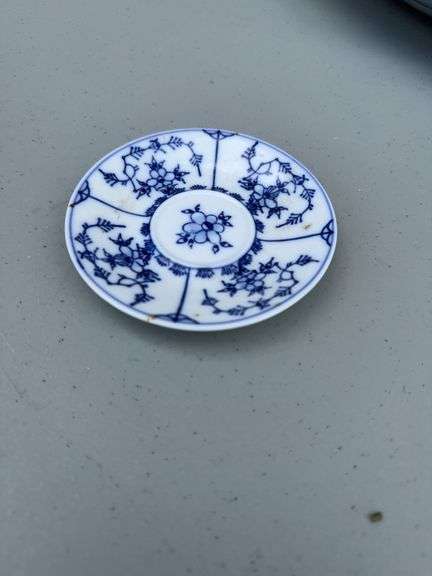 Blue and White Patterned Tea Pot w/ Sugar and Creamer, (2) Tea Cups w/ (2) Plates, and Serving Dish
