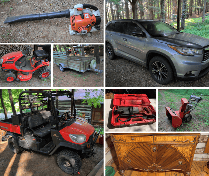 2016 Toyota Highlander, Kubota RTV and Mower, Trailer, Tools, Household, Collectibles & More