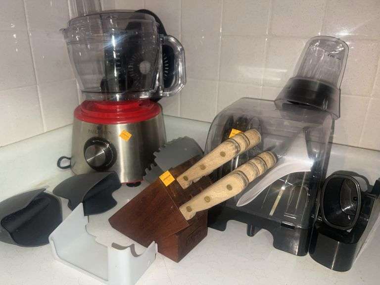 Assorted Kitchen Appliances and Butcher Block with Knives
