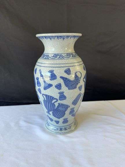 Blue and White Patterned Floral Arranger, Vase, Measuring Cups, (2) Corks, and Dish