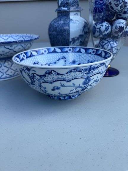 White and Blue Bowl, Porcelain Eggs, Glass Balls, Pitcher and a Spice Jar