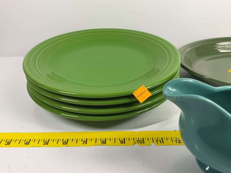 (5) Green Fiesta Ware Plates, Fiesta Ware Platter, Gravy Bowl