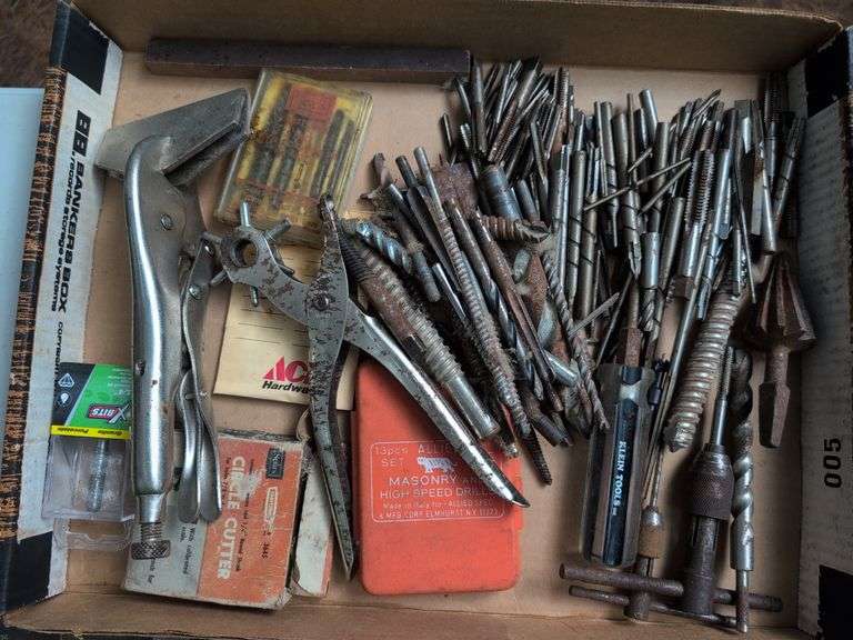 Glue gun, drill bits, clamp, and other tools