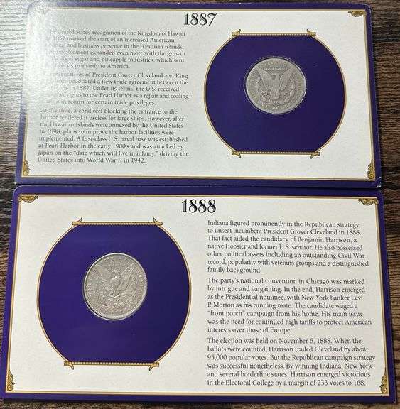 Lot of Two (2) Morgan Silver Dollars with Commemorative Cards & Stamps