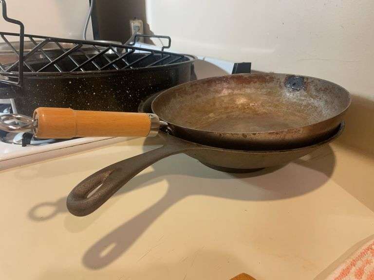 (2) roasters, cast iron and other wok