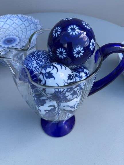 White and Blue Bowl, Porcelain Eggs, Glass Balls, Pitcher and a Spice Jar