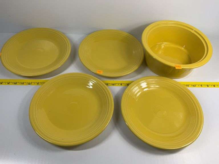 4 Yellow Fiesta Ware Plates, Casserole Dish