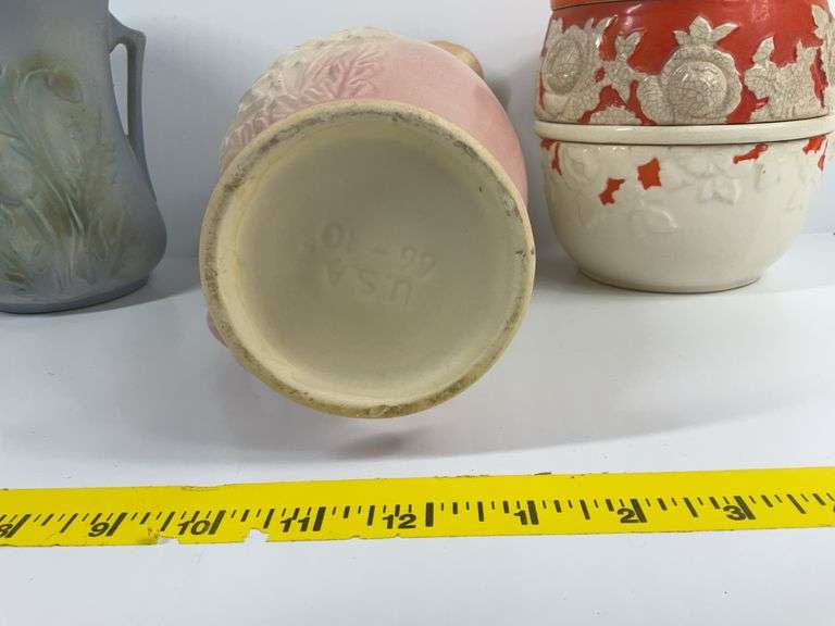 2 Pottery Pitchers, Vintage Covered Sugar Bowl