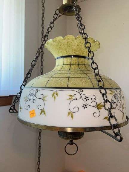 (2) Vintage Chain Hanging Handpainted Glass Lights