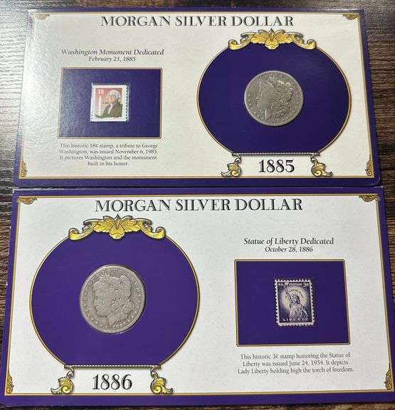 Lot of Two (2) Morgan Silver Dollars with Commemorative Cards & Stamps