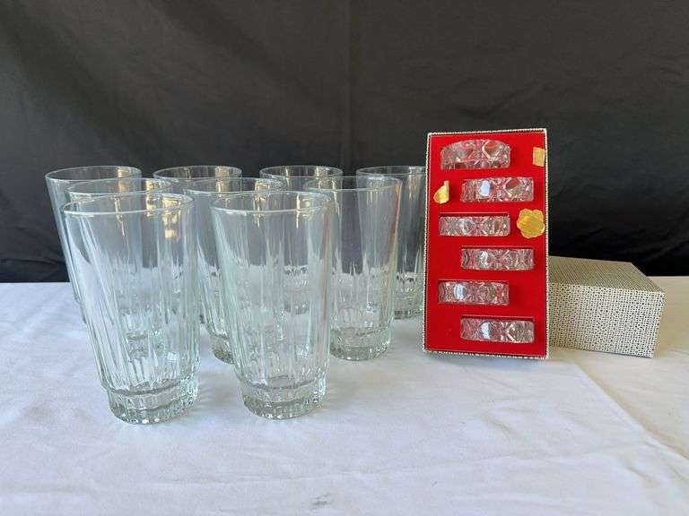 (9) Arcoroc Glass Cups w/ (6) Genuine Lead Crystal Napkin Rings