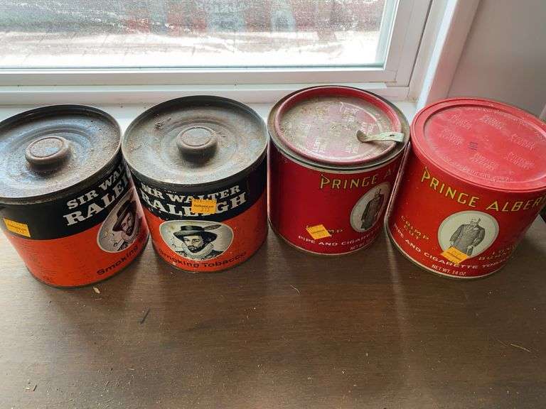 (2) Vintage Prince Albert Tobacco Cans, (2) Vintage Sir Walter Raleigh Tobacco Cans