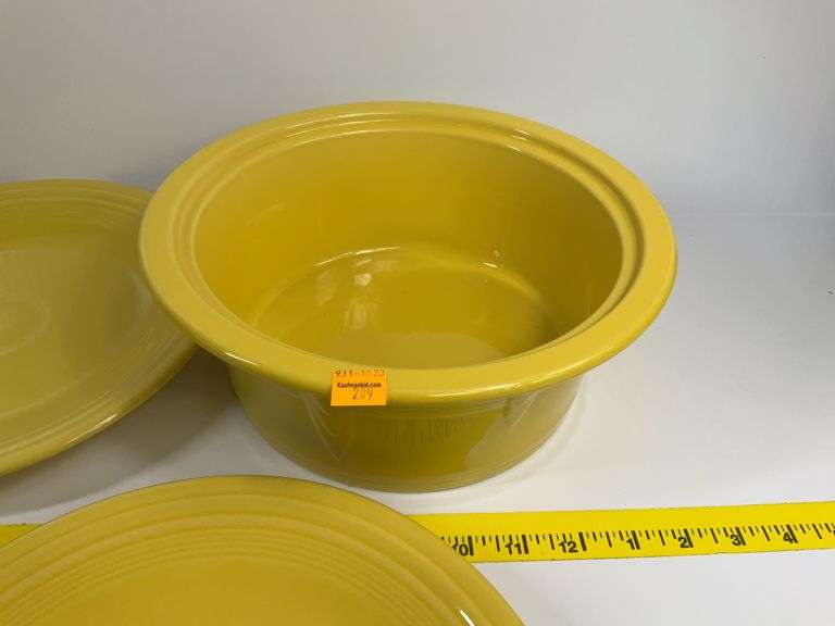 4 Yellow Fiesta Ware Plates, Casserole Dish