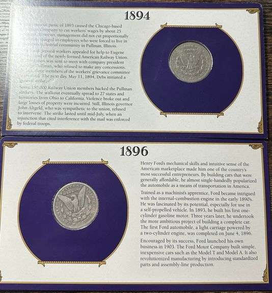Lot of Two (2) Morgan Silver Dollars with Commemorative Cards & Stamps