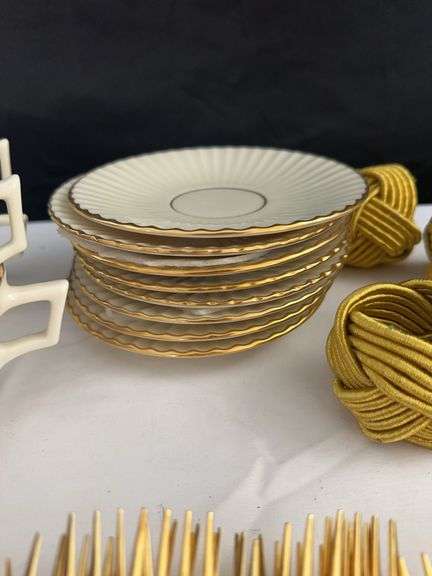 (8) Lenox Cups w/ (8) Plates, (4) Napkin Rings, (12) Knives, (12) Lg. Forks, (12) Sm Forks, (12) Lg 