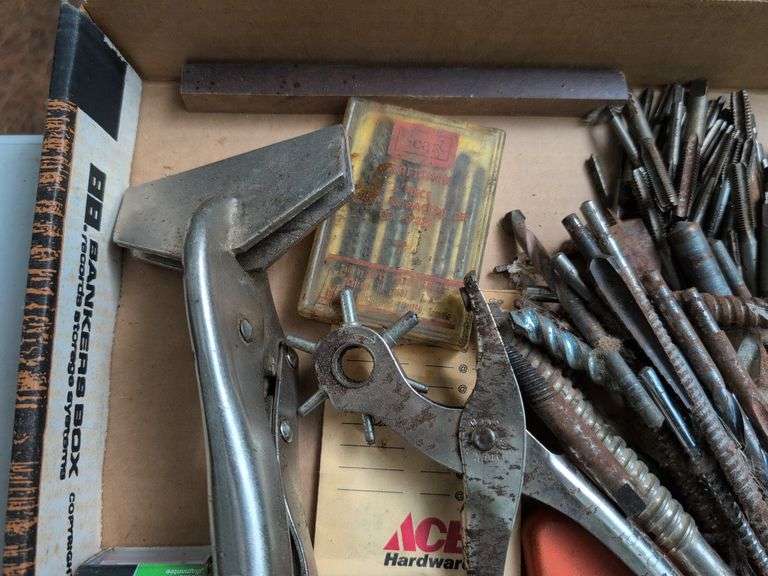 Glue gun, drill bits, clamp, and other tools