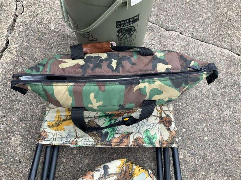 Cabelas 5 Gallon Bucket Swivel Seat, Camouflage Folding Seat, Camouflage Cooler with Thermos