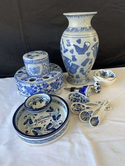 Blue and White Patterned Floral Arranger, Vase, Measuring Cups, (2) Corks, and Dish
