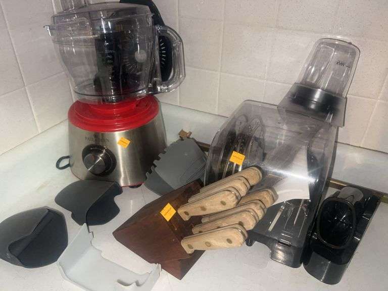 Assorted Kitchen Appliances and Butcher Block with Knives