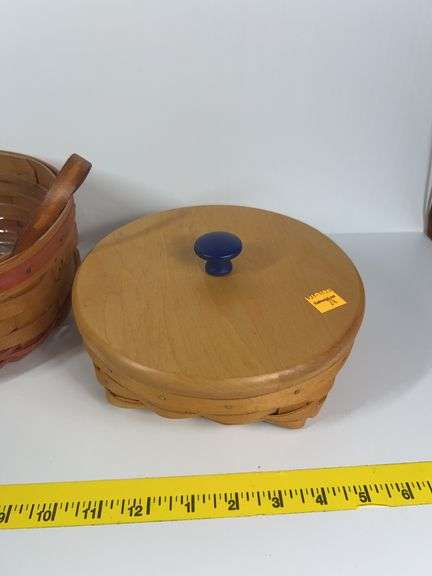 Longaberger Catch All Basket with Wooden Lid, Longaberger Round Basket with Leather Handles, Longabe