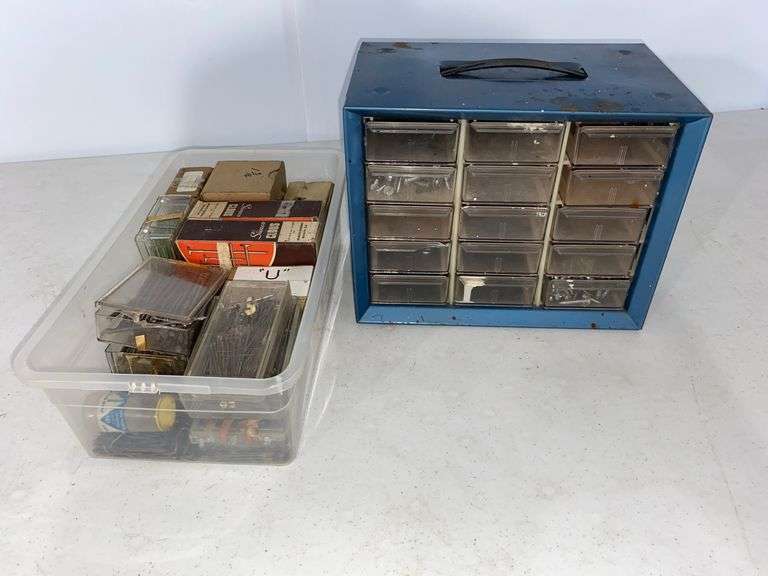 Metal Organizer With Plastic Drawers & Box Of Assorted Nails
