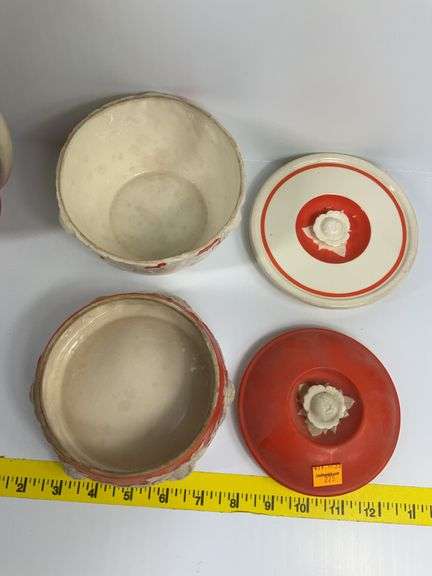 2 Pottery Pitchers, Vintage Covered Sugar Bowl