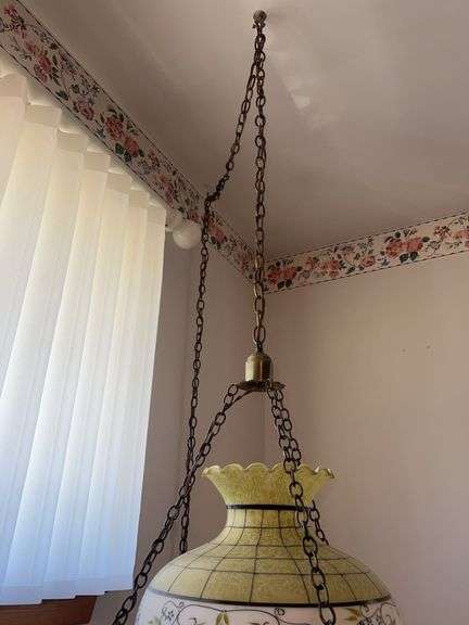 (2) Vintage Chain Hanging Handpainted Glass Lights