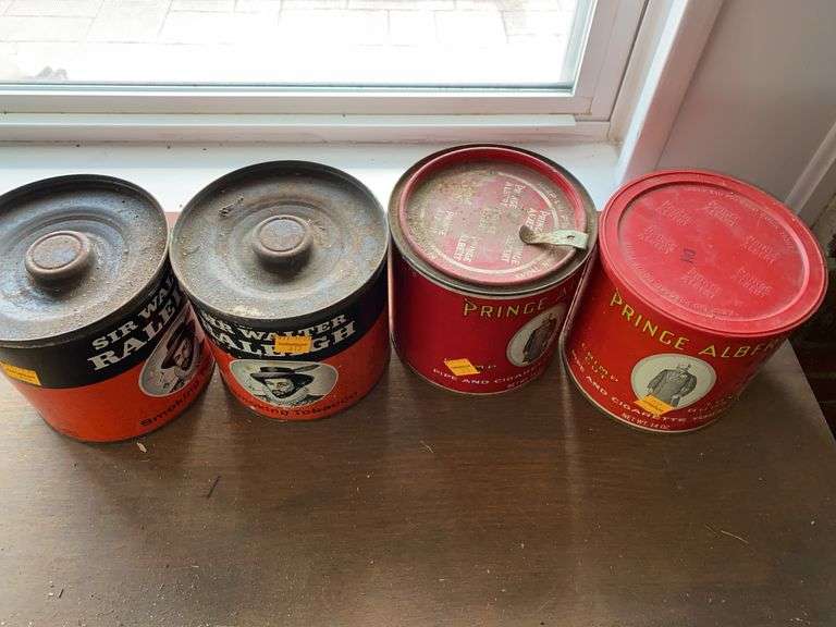 (2) Vintage Prince Albert Tobacco Cans, (2) Vintage Sir Walter Raleigh Tobacco Cans