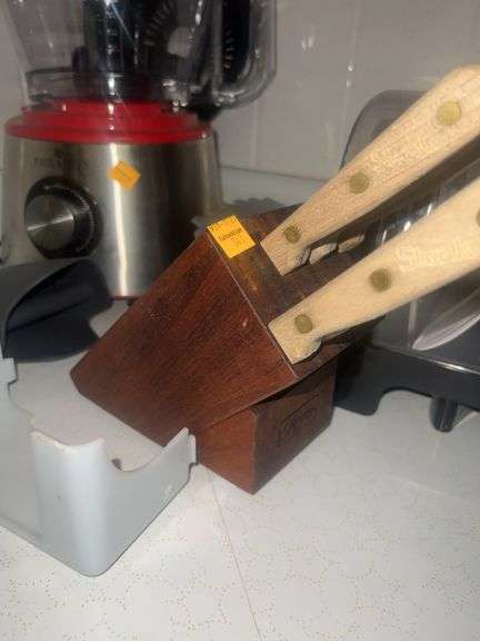 Assorted Kitchen Appliances and Butcher Block with Knives